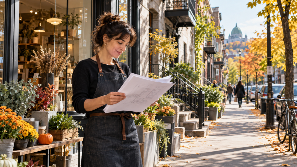 Montreal small business owner reviewing plans outside a neighbourhood storefront