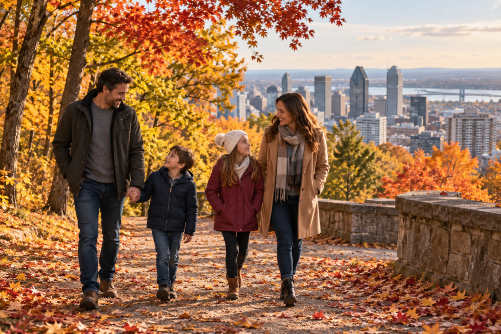 Family walking through autumn foliage in Montréal