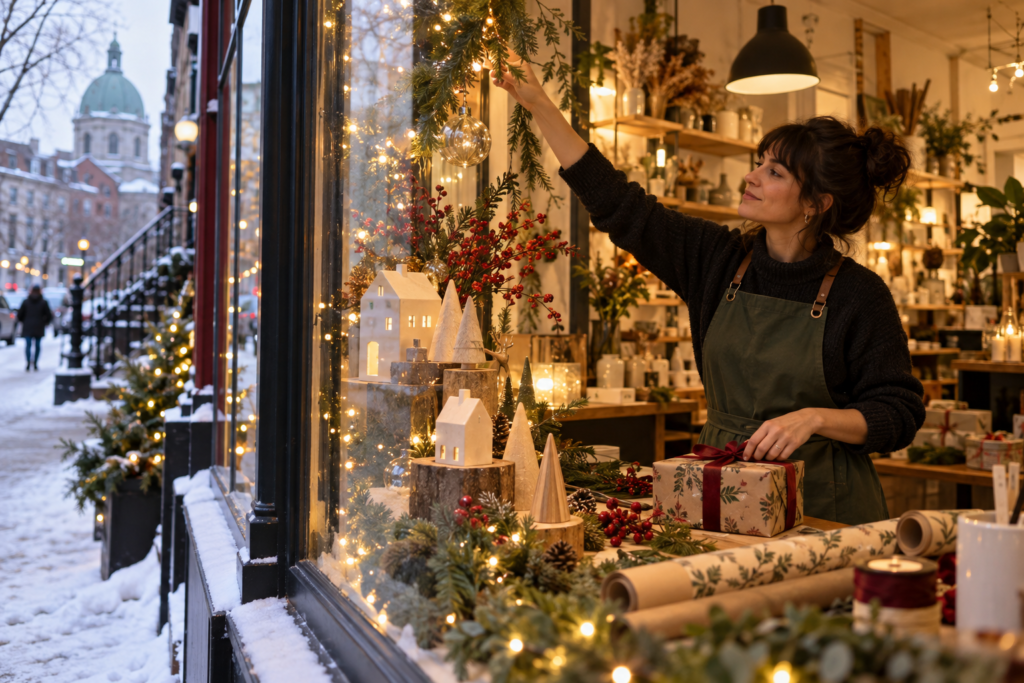 Shop owner preparing a holiday display in Montréal