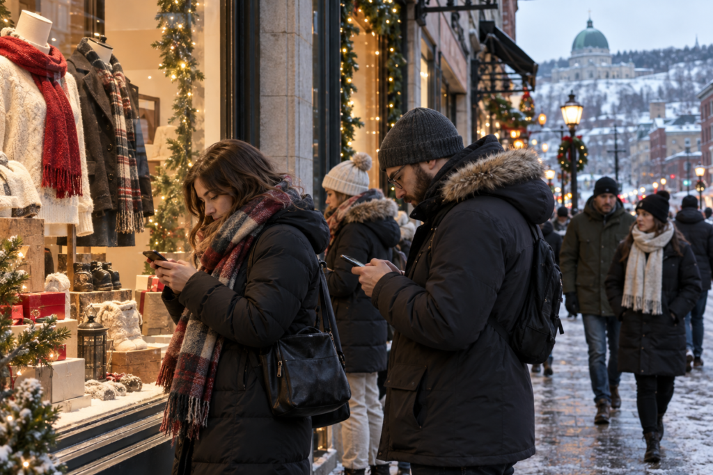 Shoppers comparing purchases in Montréal