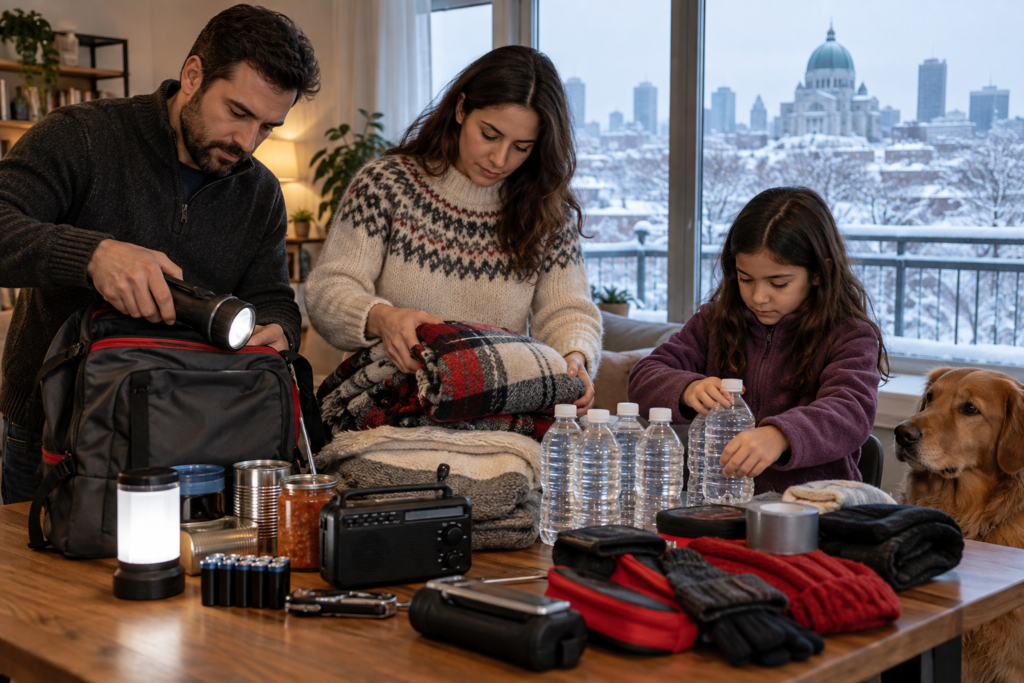 Family preparing a winter emergency kit at home