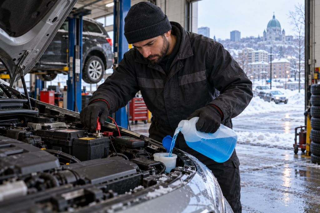 Mechanic preparing a car for Montréal winter