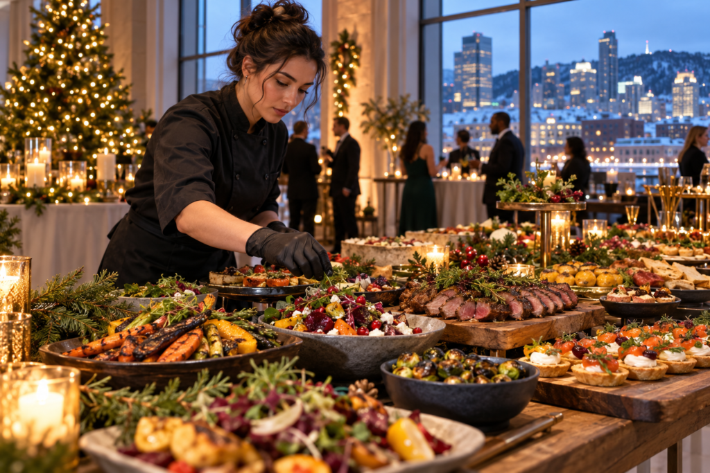 Holiday caterer arranging a buffet in Montréal
