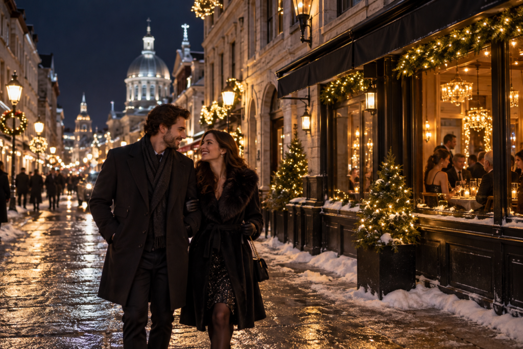 Couple walking in Old Montréal on New Year’s Eve